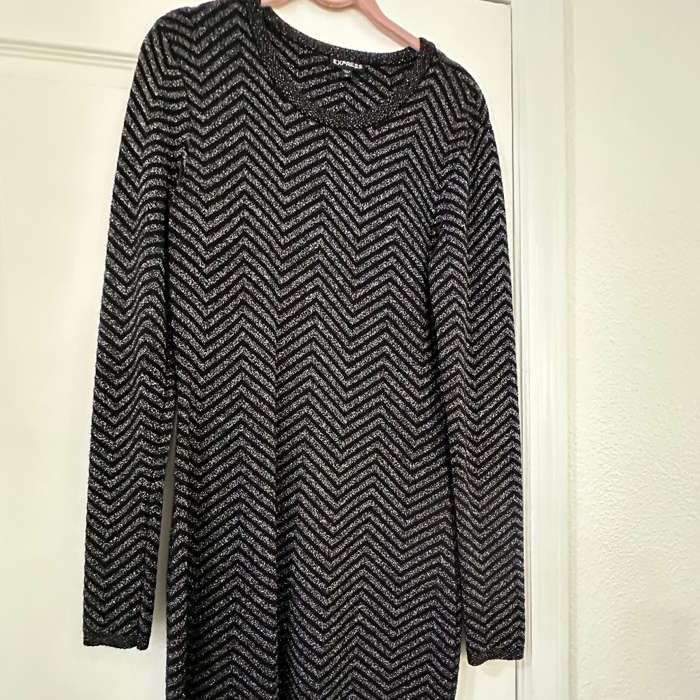 Express Black & Silver Lurex Sweater Dress Form Fitting Sparkly Gorgeous - Sz L